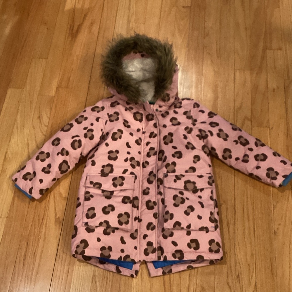 Mini Boden Pink Leopard Print Puffer Coat with Faux Fur Hood